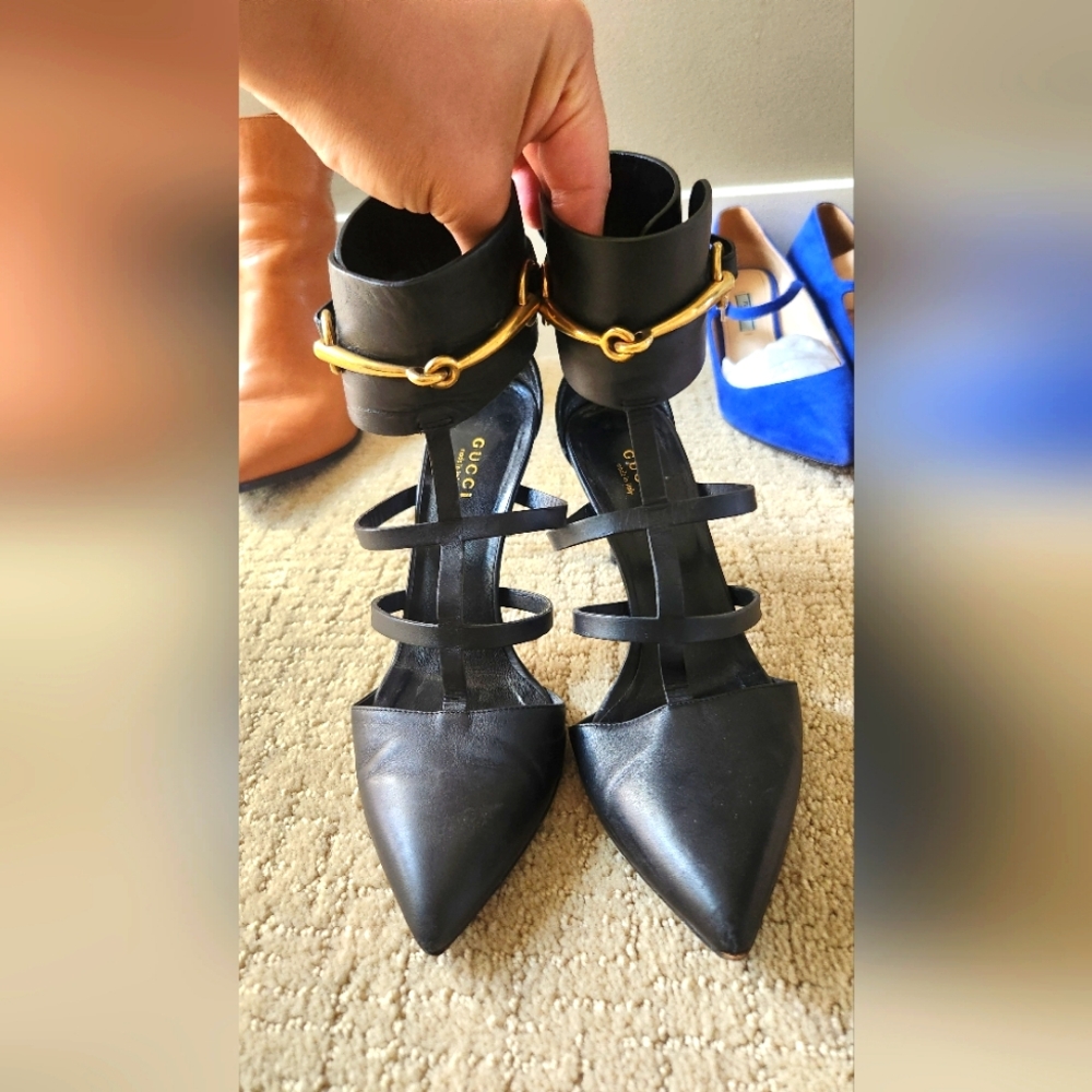 Gucci Black T-bar Horsebit Ankle Cuff Pumps